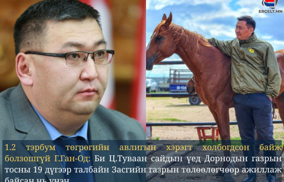 1.2 ТЭРБУМ ТӨГРӨГИЙН АВЛИГЫН ХЭРЭГТ ХОЛБОГДСОН ГЭХ Г.ГАН-ОД: БИ Ц.ТУВААН САЙДЫН ҮЕД ДОРНОДЫН ГАЗРЫН ТОСНЫ 19 ДҮГЭЭР ТАЛБАЙН ЗАСГИЙН ГАЗРЫН ТӨЛӨӨЛӨГЧӨӨР АЖИЛЛАЖ БАЙСАН НЬ ҮНЭН
